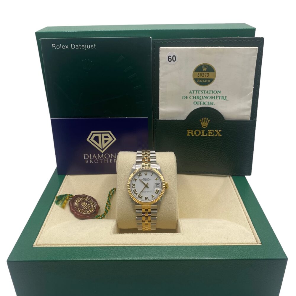 Rolex Datejust 68273 31mm Yellow and Steel with a white Roman Numeral Dial.