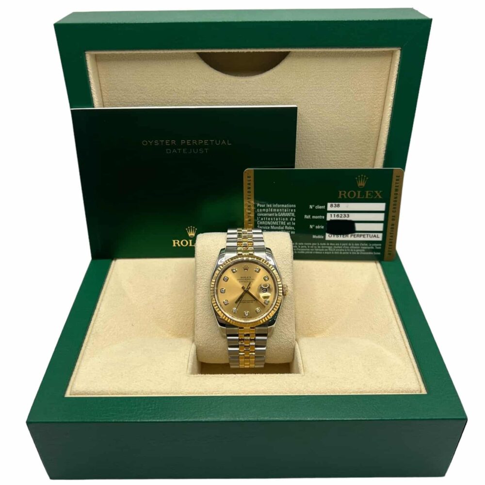 Rolex Datejust 116233 2009 Factory Diamond Champagne Dial With Box And Papers.