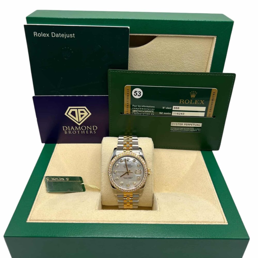 Rolex Datejust 116243 2014 Factory Mother Of Pearl Dial And Bezel With Box And Papers.