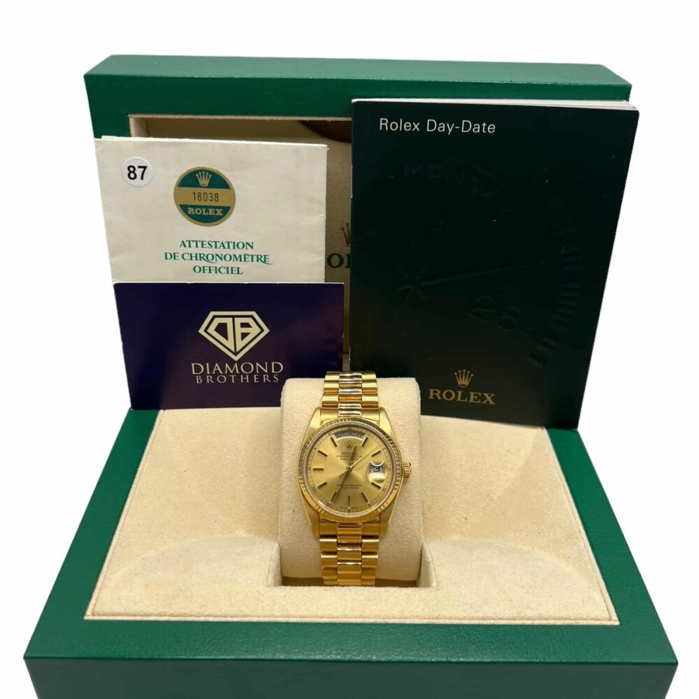 Rolex Daydate 18038 1988 Factory Champagne Dial With Box And Papers.