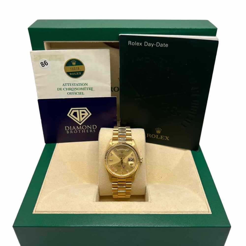 Rolex Daydate 18038 factory diamond champagne dial With box and papers.