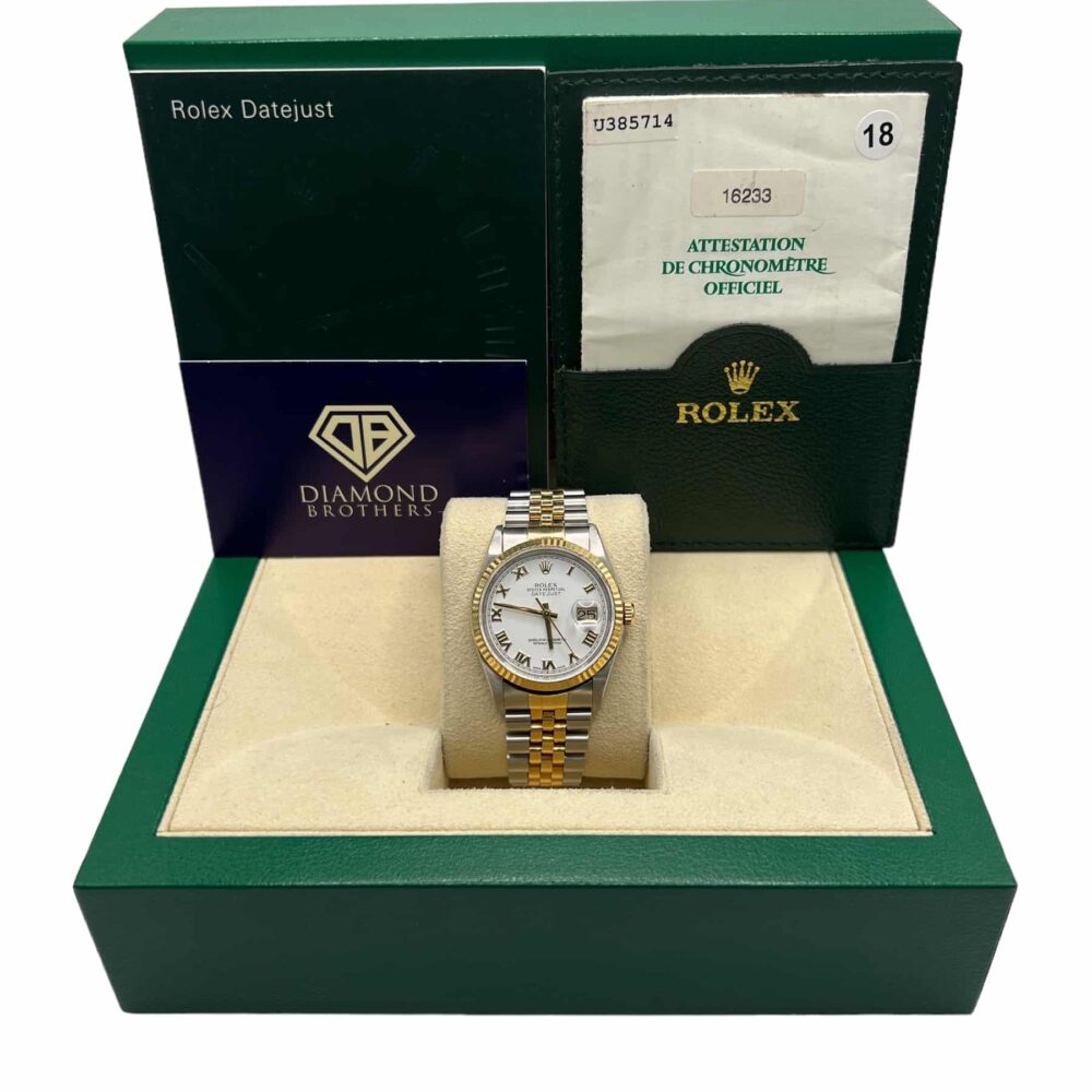 Rolex Datejust 16233 1999 Factory White Roman Numeral Dial With Box And Papers