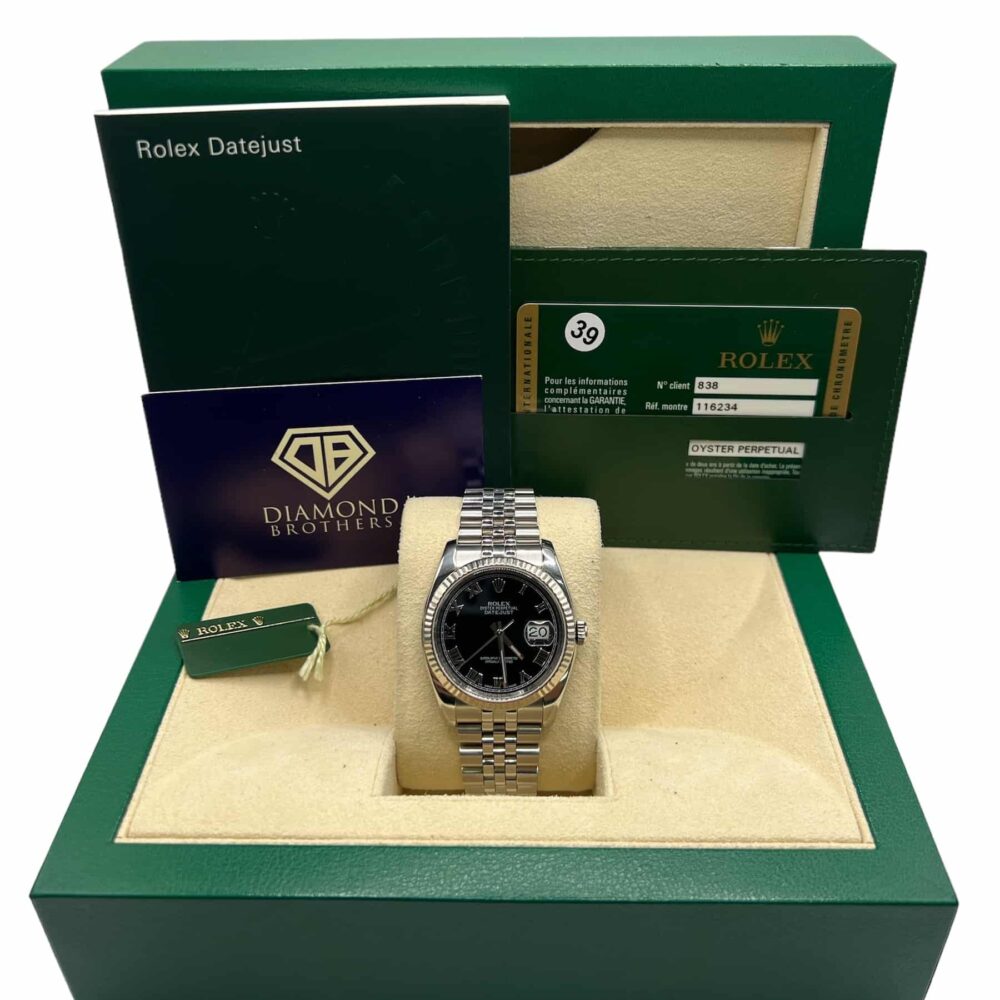 Rolex Datejust 116234 2010 Factory Black Roman Numeral Dial With Box And Papers.
